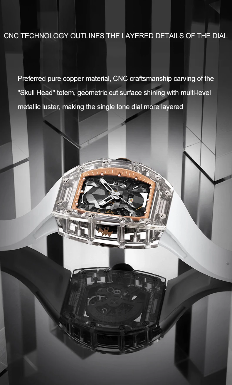 Cronusart-機械式腕時計,発光フルオロラバーストラップ,サファイアケース,自動サファイア,トノーケース,スケルトンダイヤル,50mm x 42mm