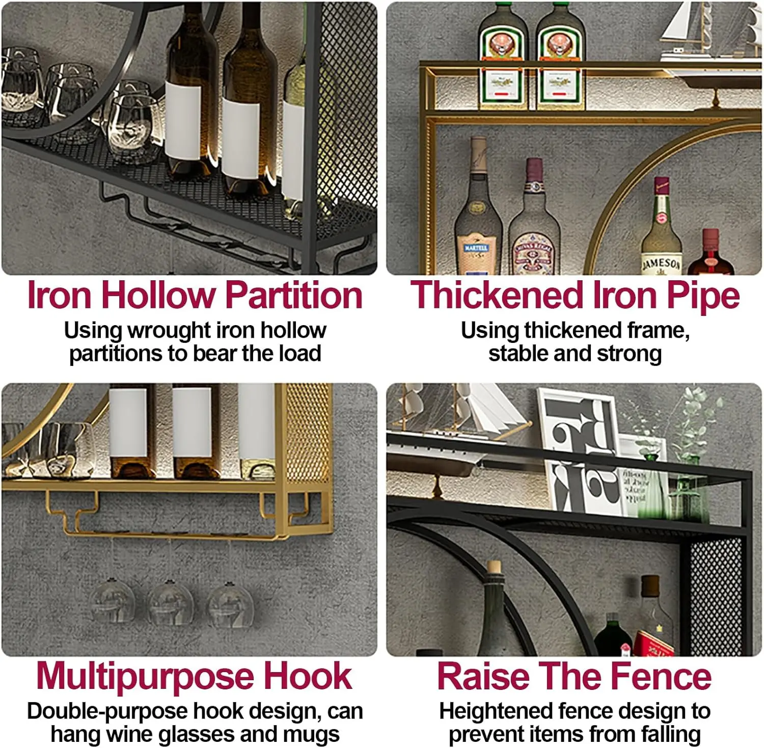 ชั้นวางไวน์ติดผนังแบบ LED ชั้นวางแก้วไวน์, ชั้นวางโลหะแบบลอยสำหรับบาร์, ชั้นวางโชว์ขวดบาร์, ที่แขวนแก้วไวน์