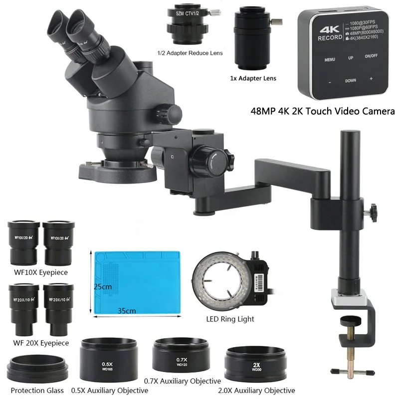 Microscópio Trinocular Estéreo 3.5x180x Parfocal Rotação Suporte de Articulação do Braço 55mp 48mp 4k Câmera 1080p Reparo Pcb