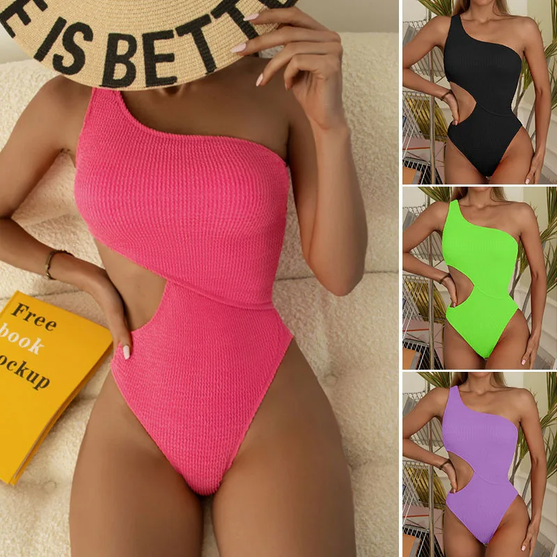 

2023 New One Shoulder Women Swimsuit One Piece Cut Out Sexy Swimwear Women Textured Monokini Solid Bathing Suit Beach Wear Girls