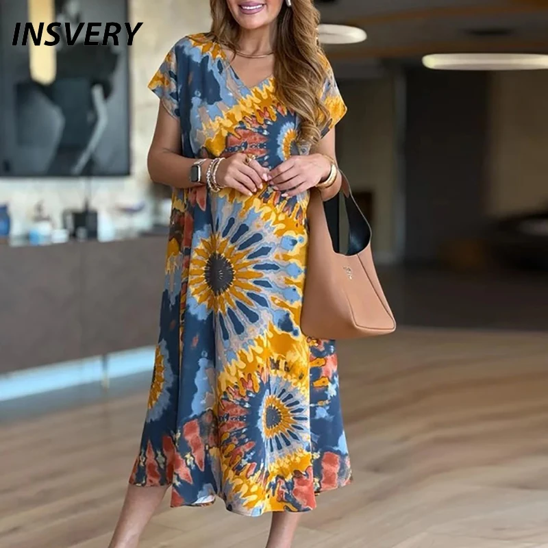 Zomerjurk Dames V-hals Korte mouw Losse strandvakantie Jurken voor dames Casual losse midi-jurk Boho