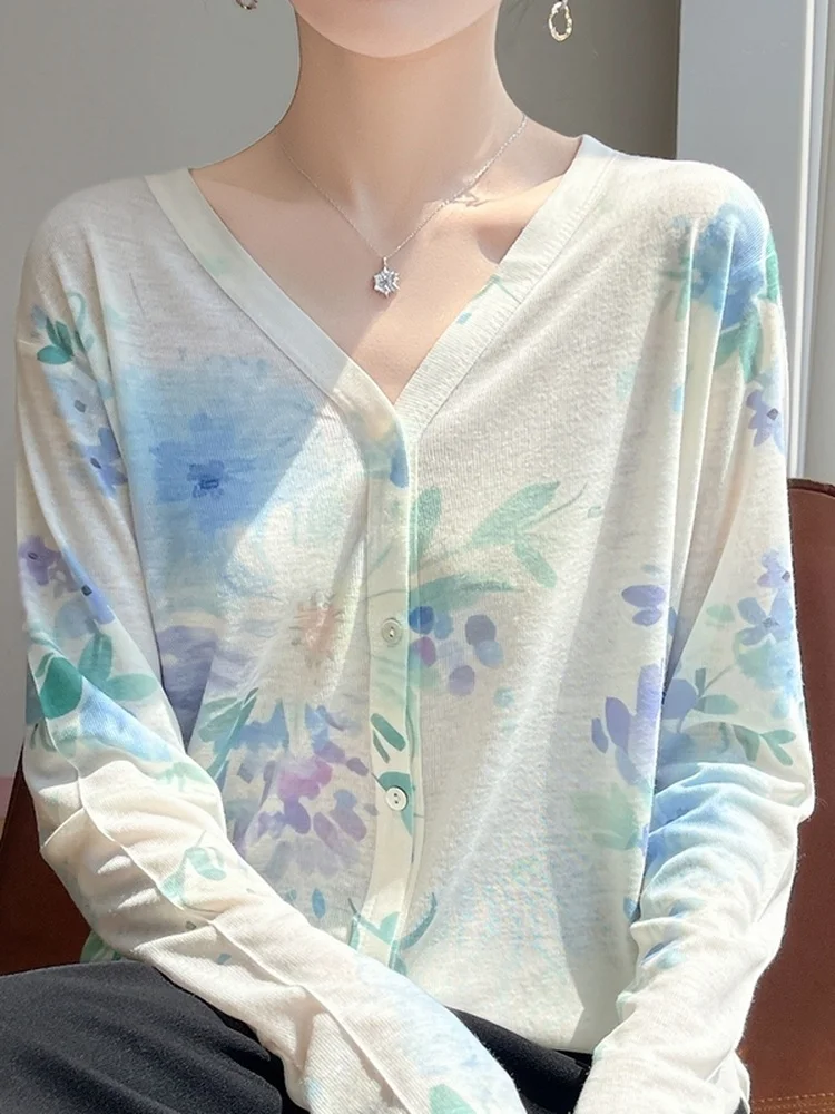 Ele Printed Knitted Cardigan Thin Outerwear Casual Sle Loose Fit Long Sve V-Ne Button Closure Regular Length