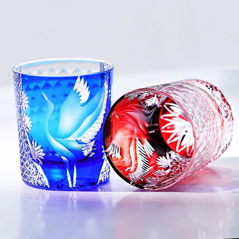 Japanese Style Multi Colored Whiskey Glass Edo Kiriko Dragon Whiskey Tumbler Hand Cut To Clear Black Colored Old Fashioned Glass