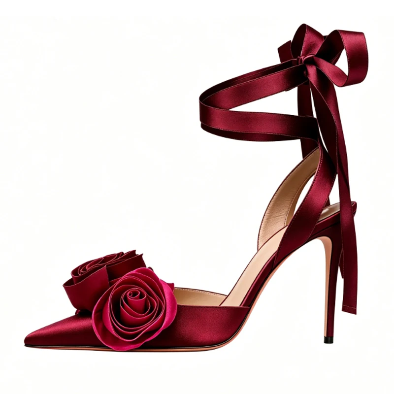 Pink Satin 3D Rose Flower Ankle Lace-Up Stiletto Sandals Woman Summer 2026 Pointed Toe Slingback High Heels Wedding Party