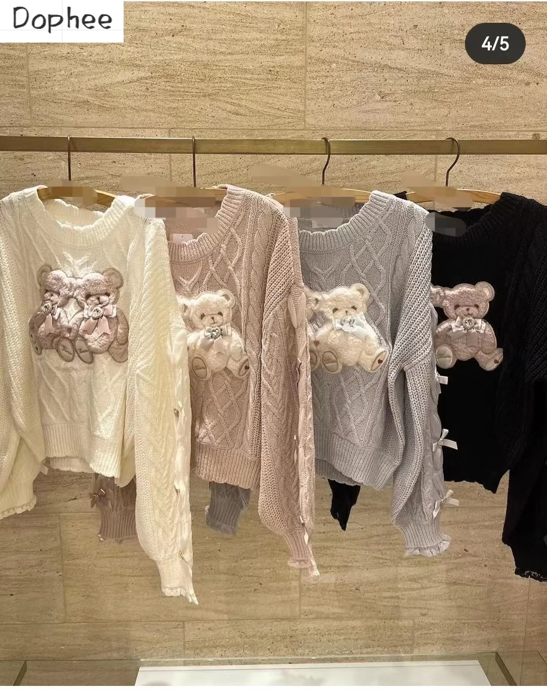 Dophee Japan Style Women Sweaters Landmine Series Cute Double Bears Rhinestone Bow Long Sleeve Knitted Shirt Pullover Top O-neck