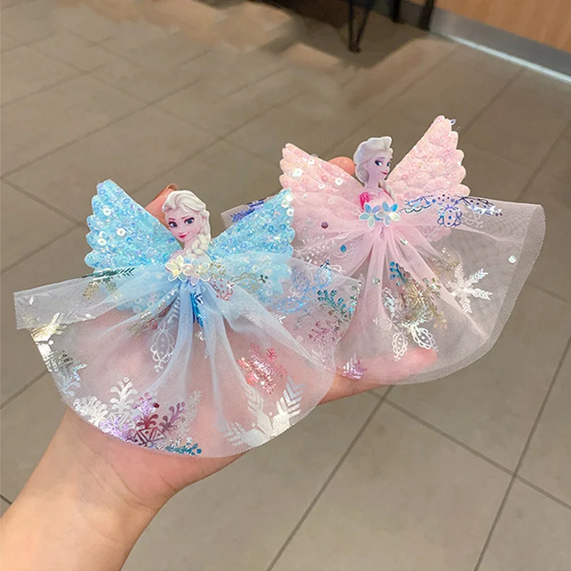 Disney Frozen Anna Elsa Hair Clip Anime Figures Kawaii Cartoon Princess Elsa Anna Bow Sequined Hairpin Accessories Girls Gifts