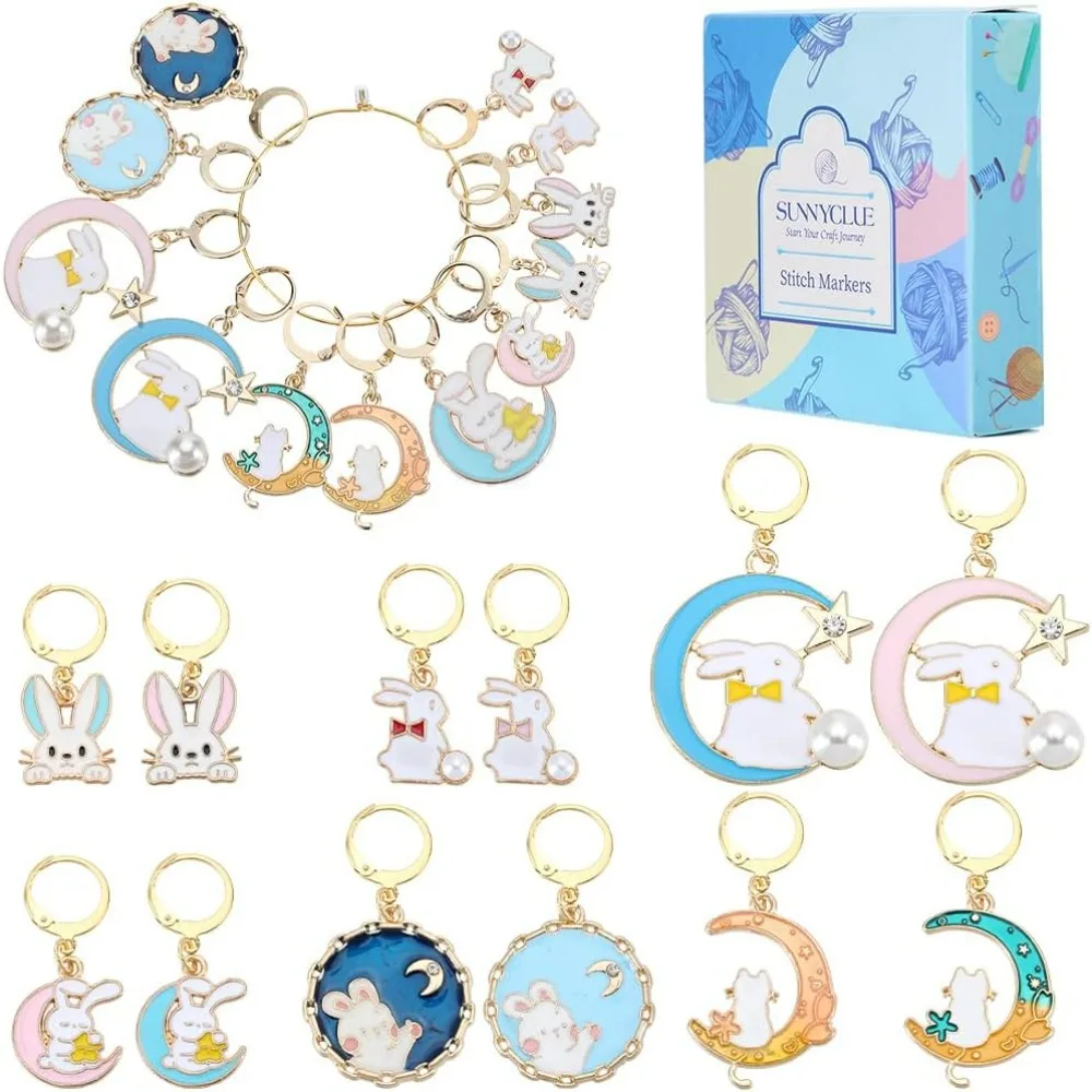 

1 Box 24Pcs 12 Styles Rabbit Clasp Charms Animal Stitch Markers Bulk Metal Alloy Enamel Bunny Moon Star Pearl Crochet making kit