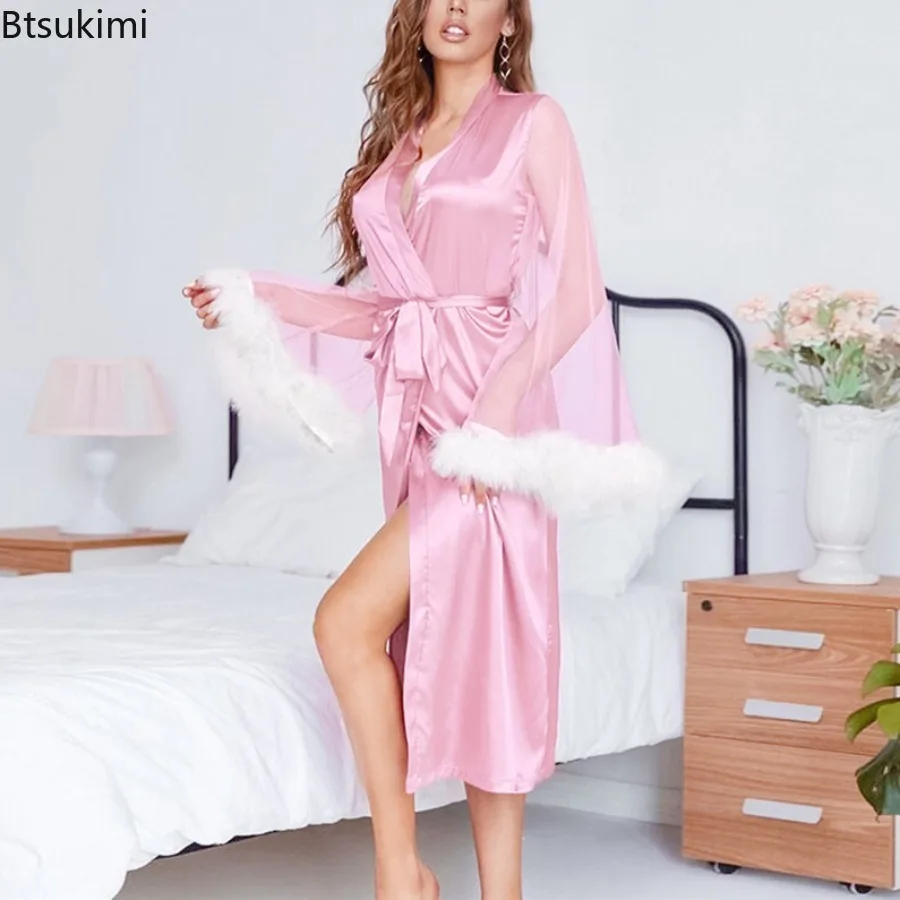 Imitation Silk Feather Long Sleeve Pajamas for Women Simulation Silk Pajamas Nightgown Robe Comfortable Homewear Clothing Female