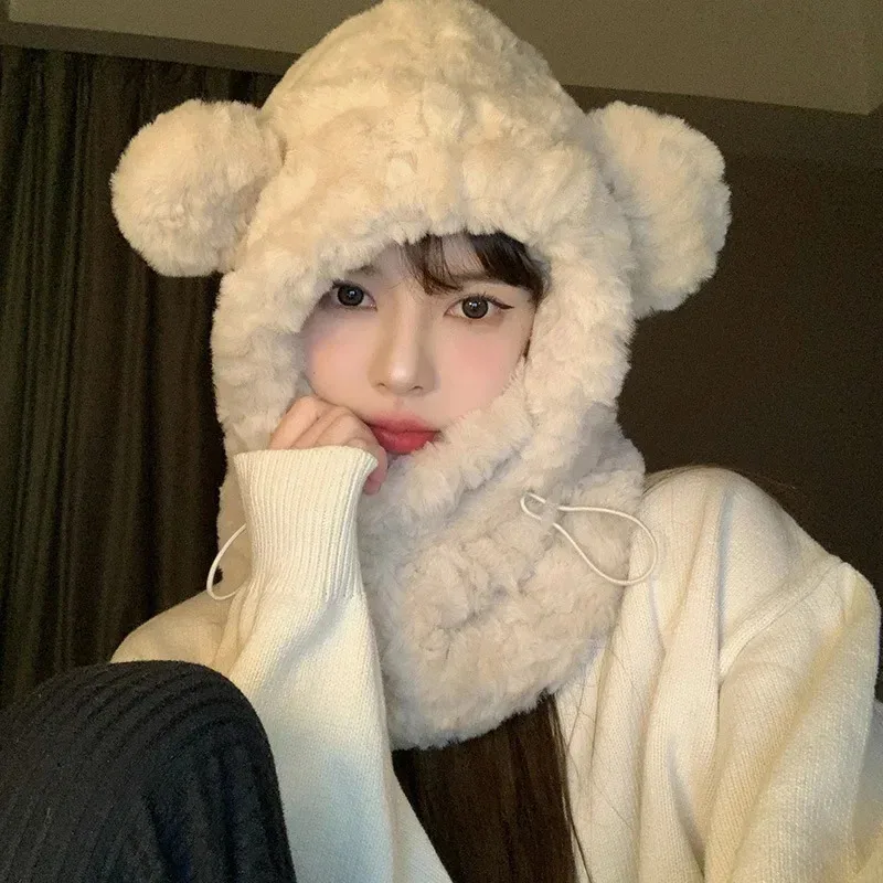 Set Topi dan Syal Musim Dingin Wanita, Tebal Berbulu, Model Terpadu, Kawaii dengan Telinga Beruang, Syal Anti Angin, Topi Berpenutup dengan Pelindung Telinga