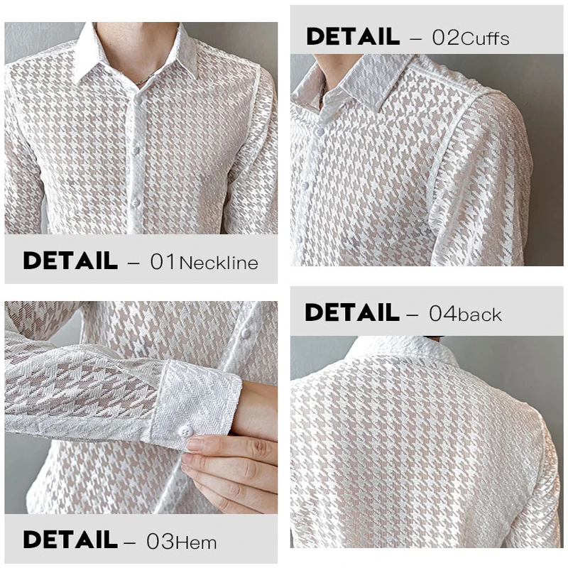 Sexy Transparent Mesh Long Sleeved Shirts for Men Fashion Party Night Club Plaid Printed Slim Fit 4XL Mens Dress Shirt Plus Size