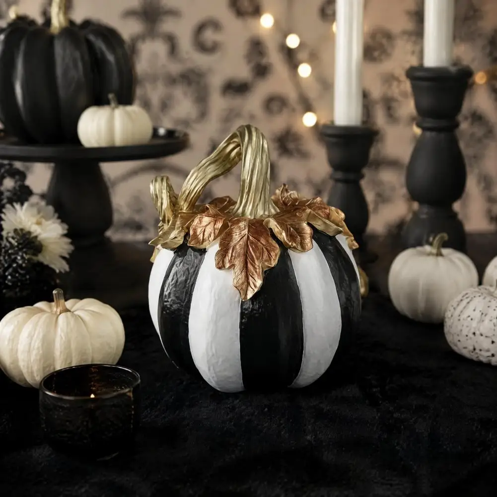 Autumn Table Centerpiece Retro Black White Striped Decor Black White Striped Pumpkin Ornament Retro Resin Tabletop Centerpiece