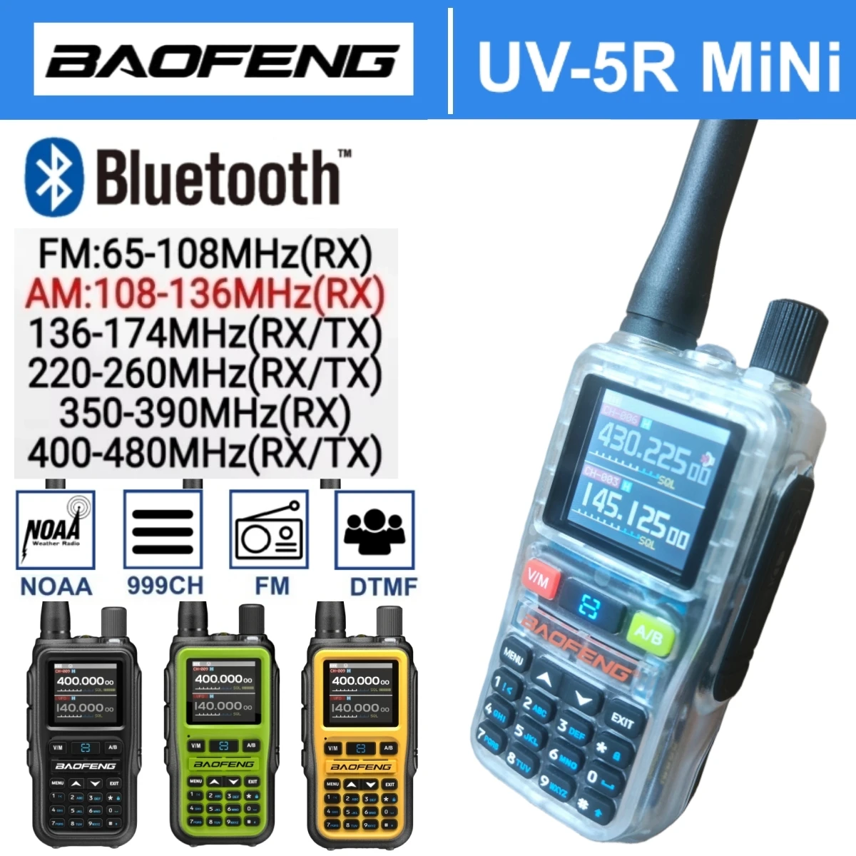 

Baofeng Uv-5R Mini Long Range Walkie Talkies Bluetooth Programming Wireless Copy Frequency Noaa Camping Communication Radio