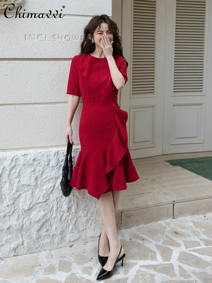 

Retro Red Dress for Women 2024 Autumn Dresses New Fashion Round Neck Slim-Fit Short-Sleeved Elegant Party Fishtail Dresses