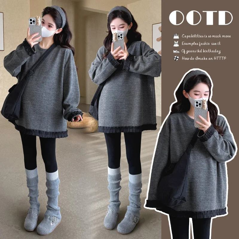 

2025 Autumn New Arrival Korean Style Plus Size Maternity Wear Striped Mid Length T-Shirt Thickened Double Sided Brushed Top