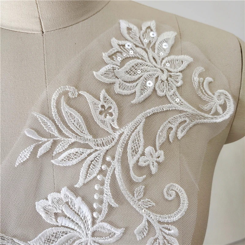 Flower Embroidery Sticker for DIY Decoration, Lace Cloth Applique, Off White, Skirt, Hem, Handmade, 15x37cm, 1 Pairs