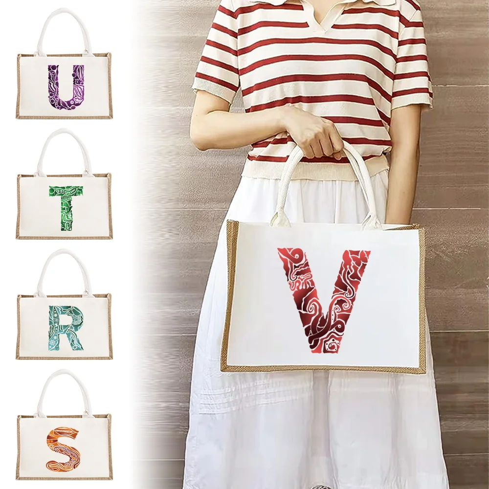Large Capacity Eco-friendly Shopping Bag Linen Single Shoulder Shopping Bag Item Storage Bag Carved Image Letter Printing Series