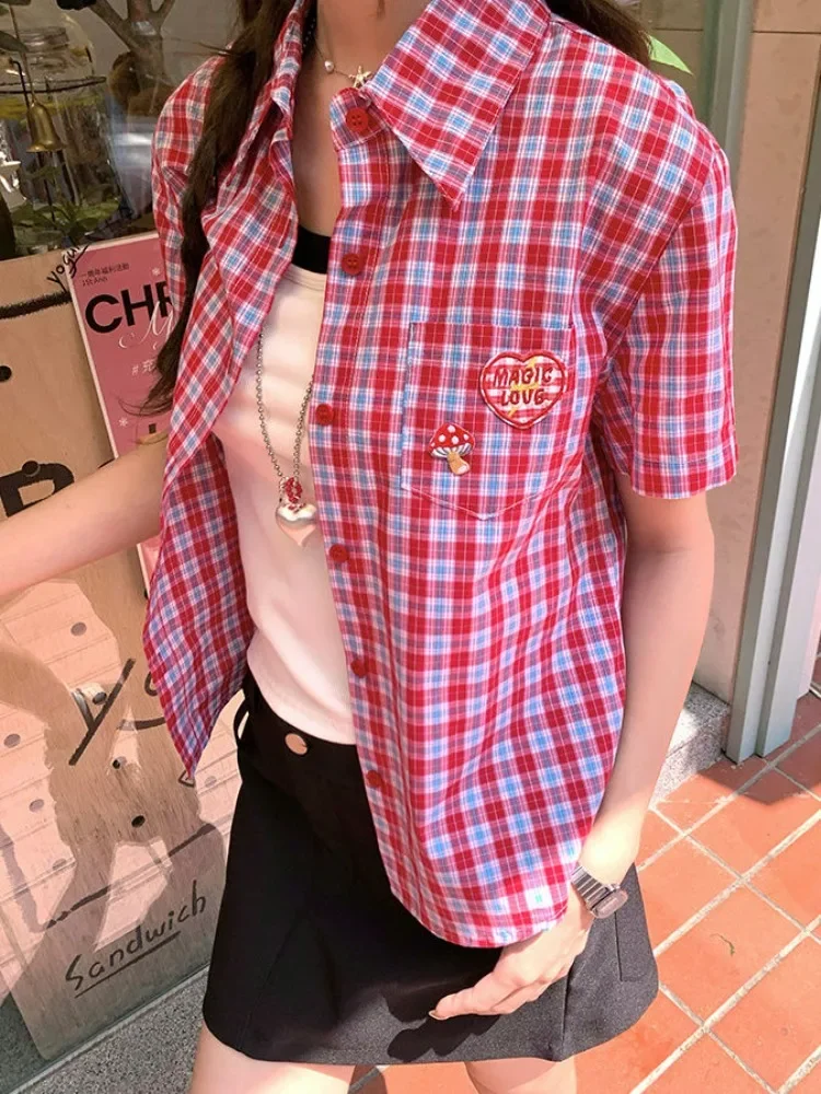 

Korean Cute Mushroom Embroidery Pocket Plaid Shirts Loose Short Sleeve Polo Neck Button Up Shirt Coat Harajuku Women Casual