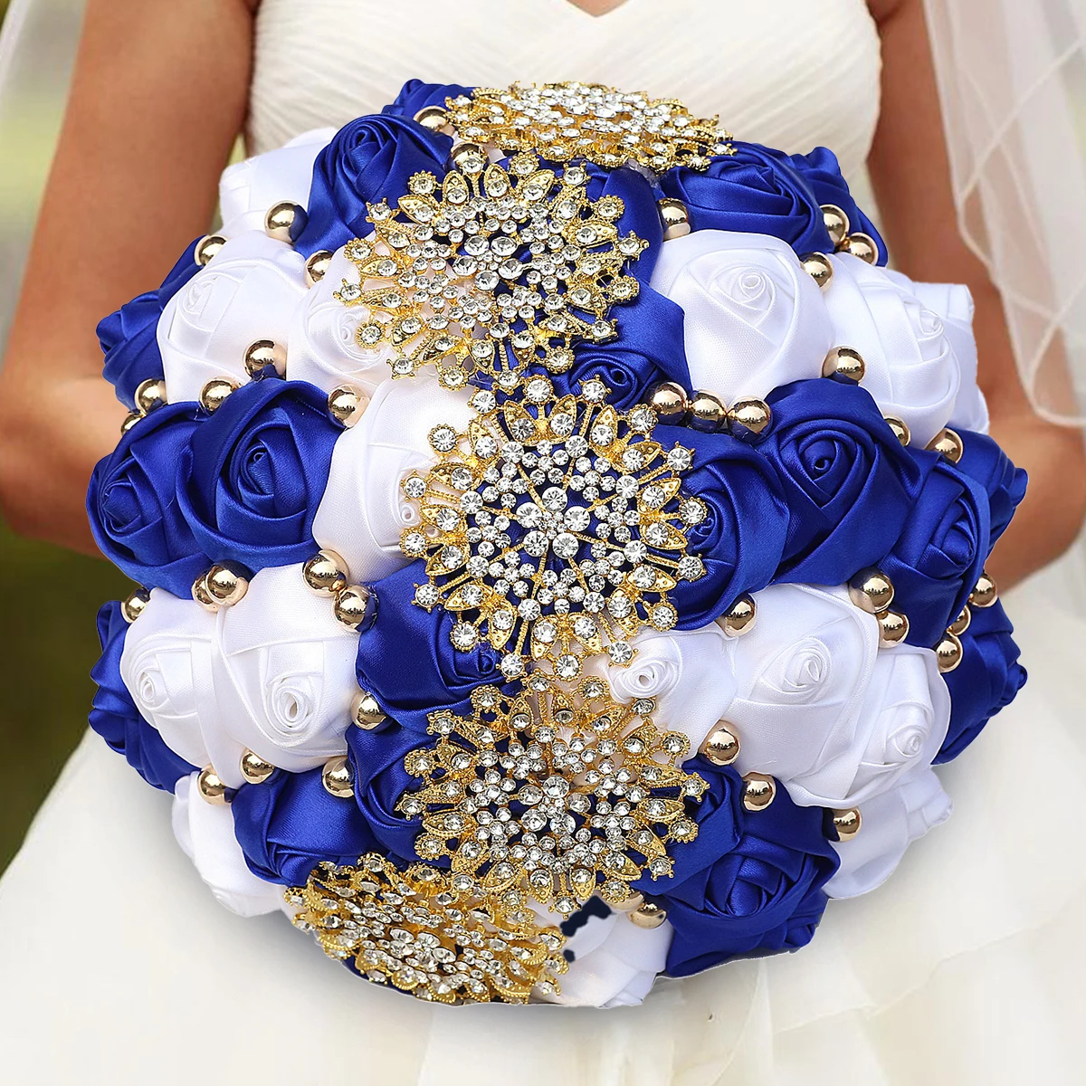 Elegant Royal Blue Multi-wedding Silk Rose Wedding Dress Bouquet Artificial Crystal fringe Pearl Bouquet Romantic bridal bouquet