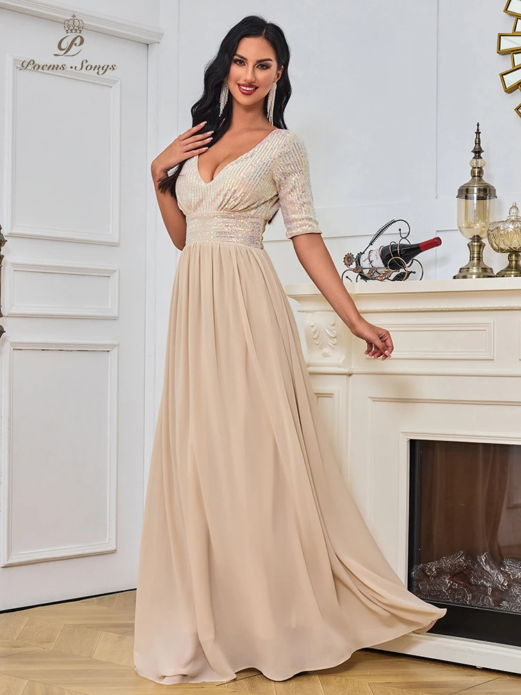 Sexy  V-neck half sleeve Evening dress prom dresses Evening gowns vestidos de noche robe de soirée de mariage Bride dresses