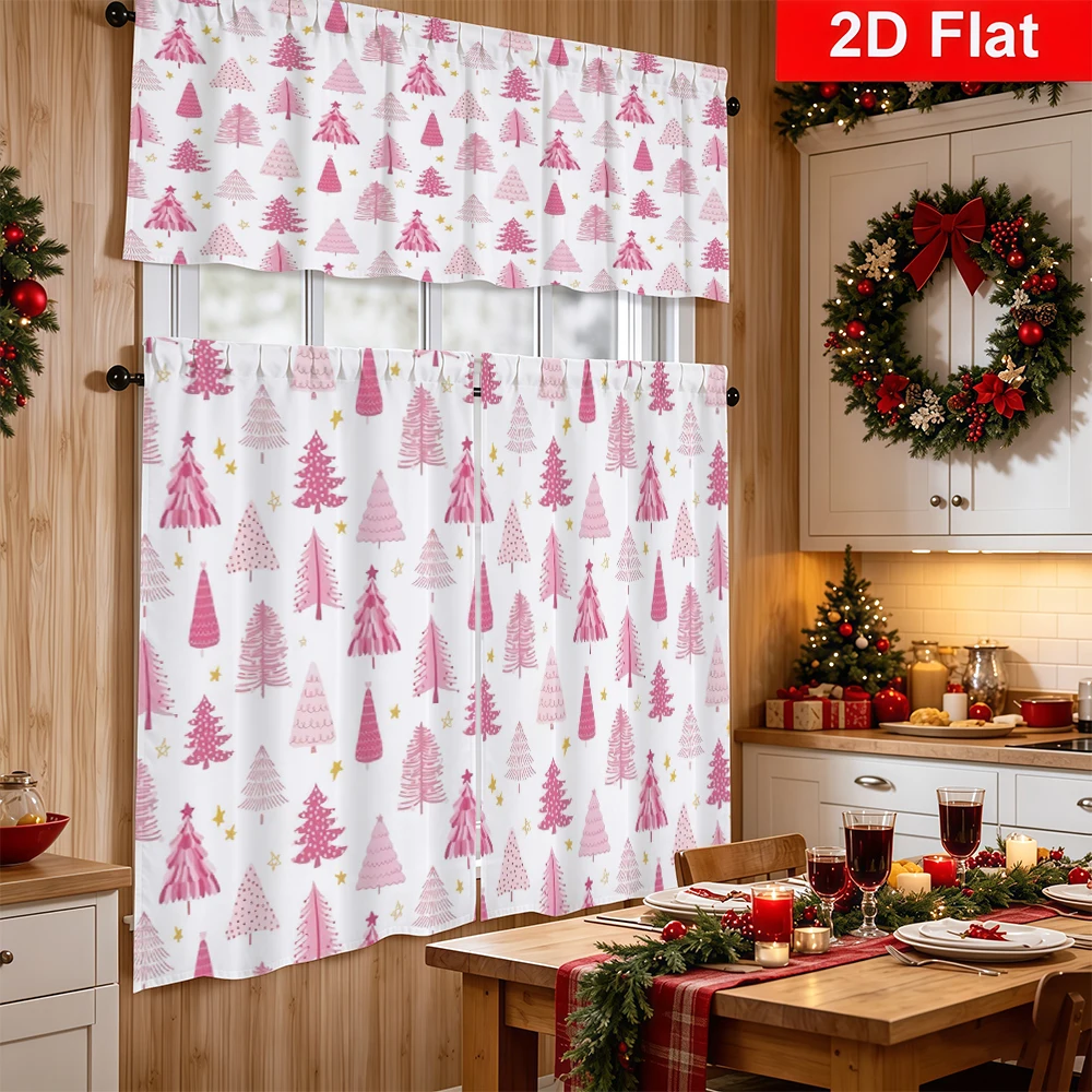 Christmas Kitchen Curtains, Pink Christmas Tree Gold Star, Digital Print, Kitchen Dining Room, Rod Pocket Polyester, Home Decor