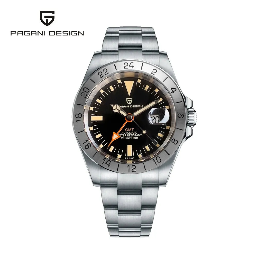 PAGANI DESIGN 2025 Neue automatische mechanische Herrenuhr GMT Classic Retro Edelstahl 200 m wasserdicht Herrenarmbanduhr