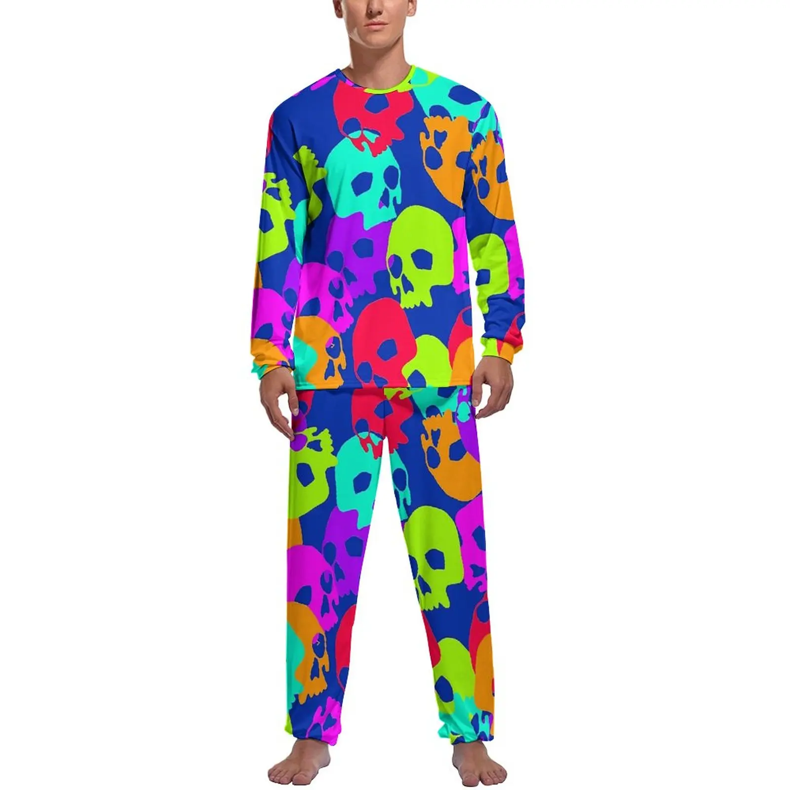 Candy Skull Pajamas Male Colorful Skulls Warm Home Suit Winter Long Sleeves 2 Pieces Night Graphic Pajama Sets