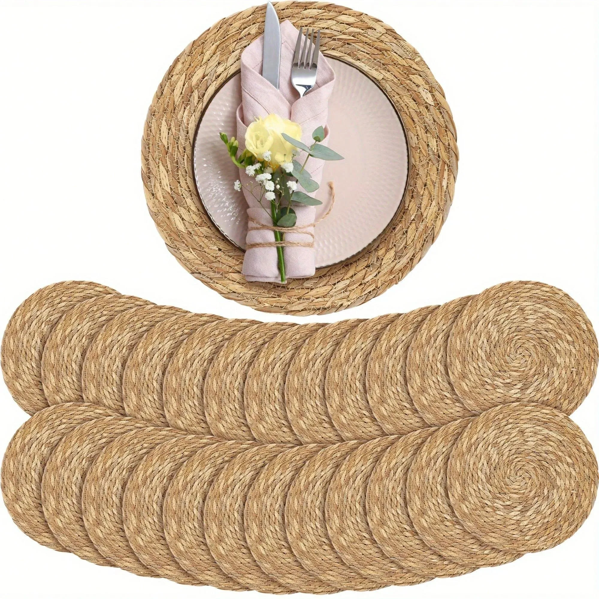 10PCS Round Woven Placemat Boho Rattan Placemats Natural Water Hyacinth Placemat Farmhouse Weave Place Mats Braided Wicker Table