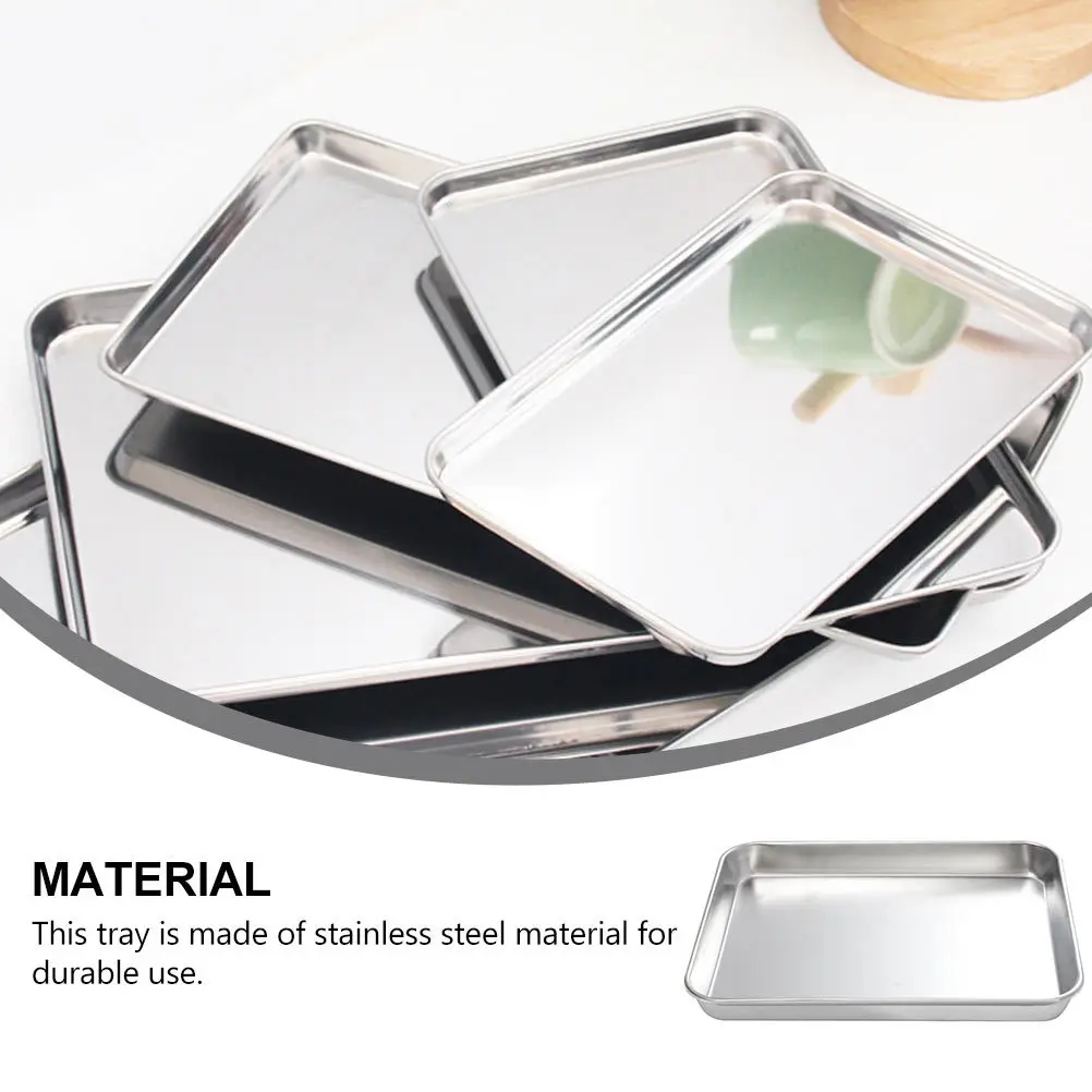 

1pc Stainless Steel Tray Rectangular Flat Bottom Food Holder Portable Lightweight For Snack Fruit Dessert Storage Silver