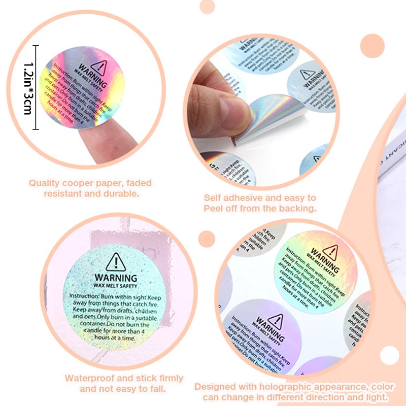 Holographic Glitter Candle Melting Warning Labels 5Pcs Single Sheet 24 Stickers Each Sticker 1.2in Candle Jar Container Stickers Candle Decoration Safety Warning Glitter Stickers