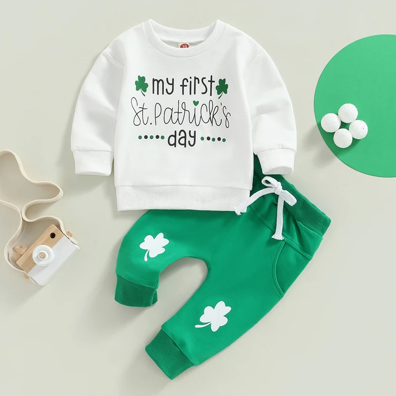 2022-11-21 Lioraitiin 0-18M Infant Baby 2Pcs Outfits Long Sleeve Shamrock Letter Print Sweatshirt Tops Pants St. Patrick's Day