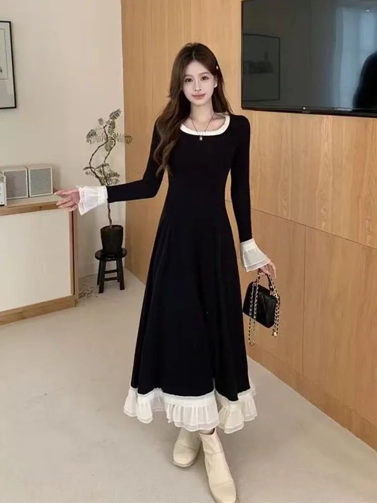 Vestido Midi Negro con Parches para Mujer, Vestido Sexy de Manga Larga para Otoño, Estilo Francés Y2K, Elegante Estilo Hepburn, Vestidos de Noche, Nuevo