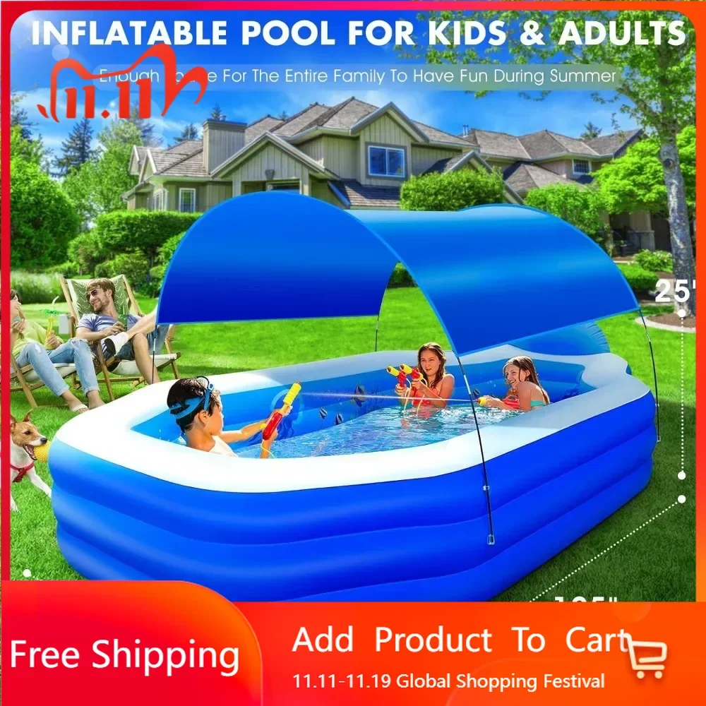 Inflatable swimming pool with canopy, children's large swimming pool, swimming pool with seats and backrest, 125 