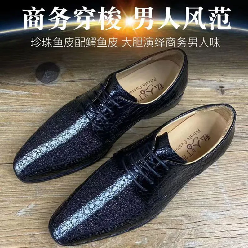 Deep Sea Pearl Fish Skin Men's Shoes Genuine Outsole With Block Carving High-end British Style Formal Leather Shoes  Men Loafers