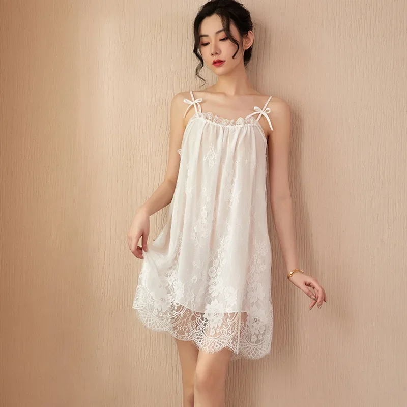 Fashion Sexy Spaghetti Strap Sleep Dress Lace Camisole Dress Home Wear Hollowed Out Nightdress Womens Nightgown Lingerie Dress