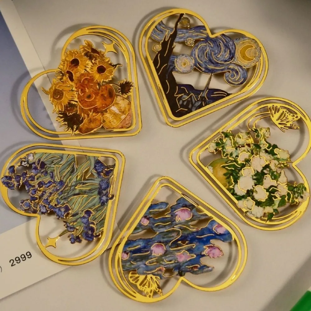 Retro Style Metal Bookmark Monet & Van Gogh Sunflower Water Lily Book Reading Clip Thin Heart Shape Book Reading Sign