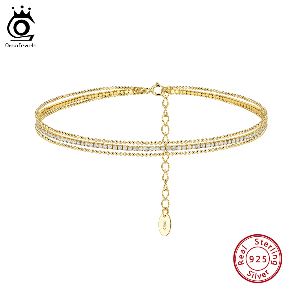 

ORSA JEWELS Серебряный браслет на ногу 925 пробы с многослойной цепочкой из бусин, блестящие цирконы, украшение для ног, аксессуар для ношения босиком, подарок SA103