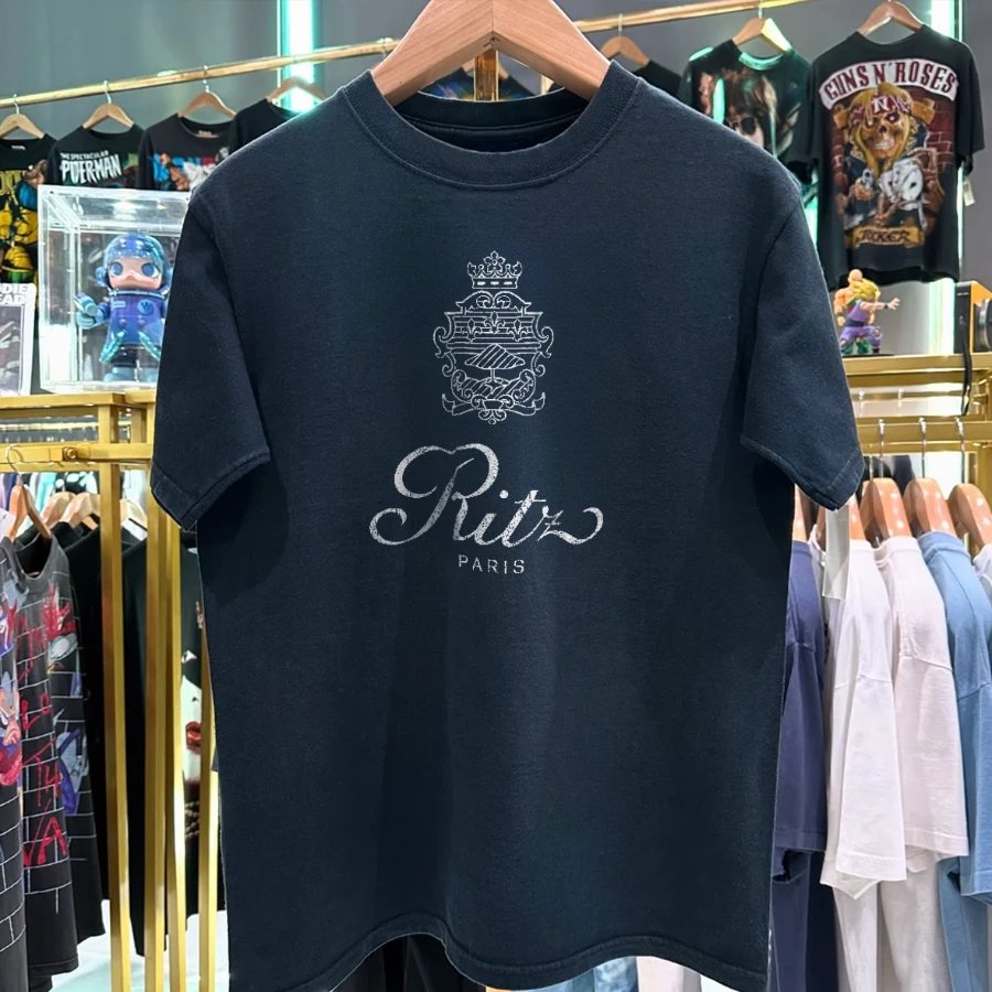 90's Ritz Paris Washed Black T-Shirt Tee Summer Cotton Print Casual Sports Short Sleeve Tee
