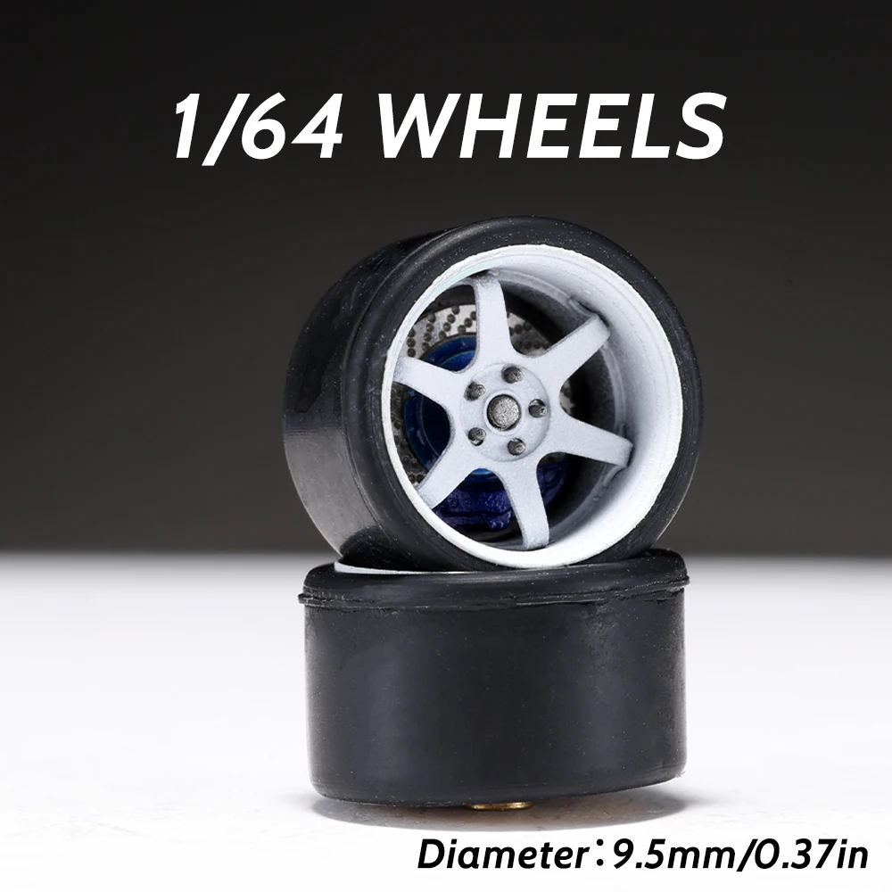 1/64 Alloy White Model Wheels Rubber Tires with Brake Disc Ball Bearing Rims for Diecast Model Car for Hot Wheels Diameter:9.5mm