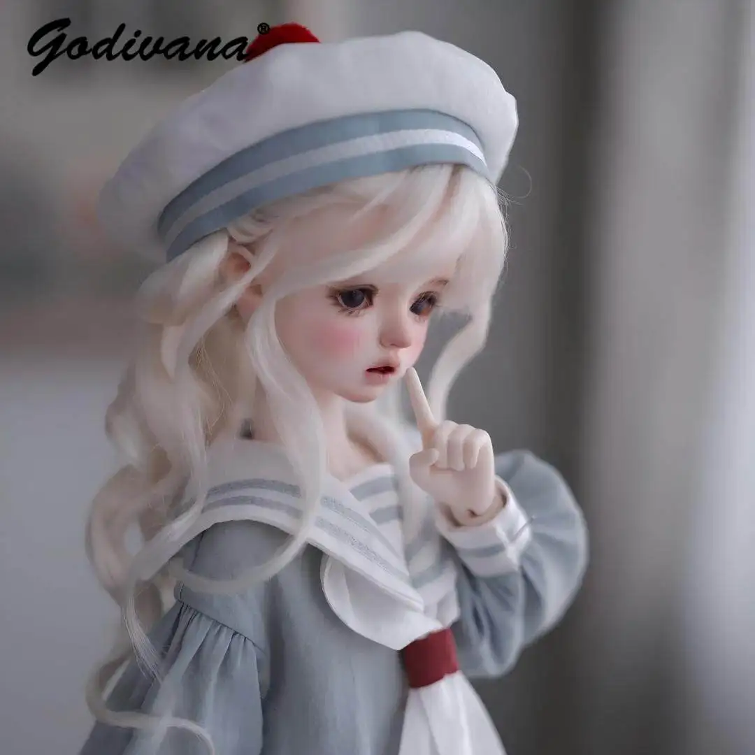 1/3 1/4 BJD Doll Sailor Collar Long Dress Sweet Cute Fresh Navy Style Loose Tiered Maxi Dresses with Beret Hat Doll Outfit Set