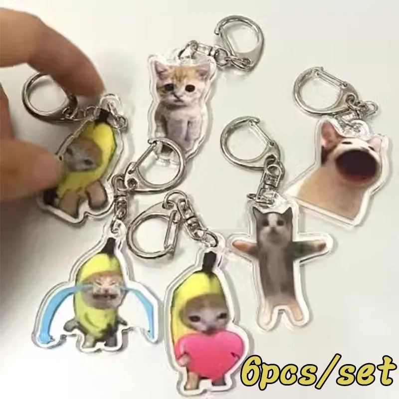 Cute Cat Keychain Sets Happy Banana Cats Acrylic Bag Phone Pendant Lanyard Chain Keyring Student Funny Kitten Key Chains Gift