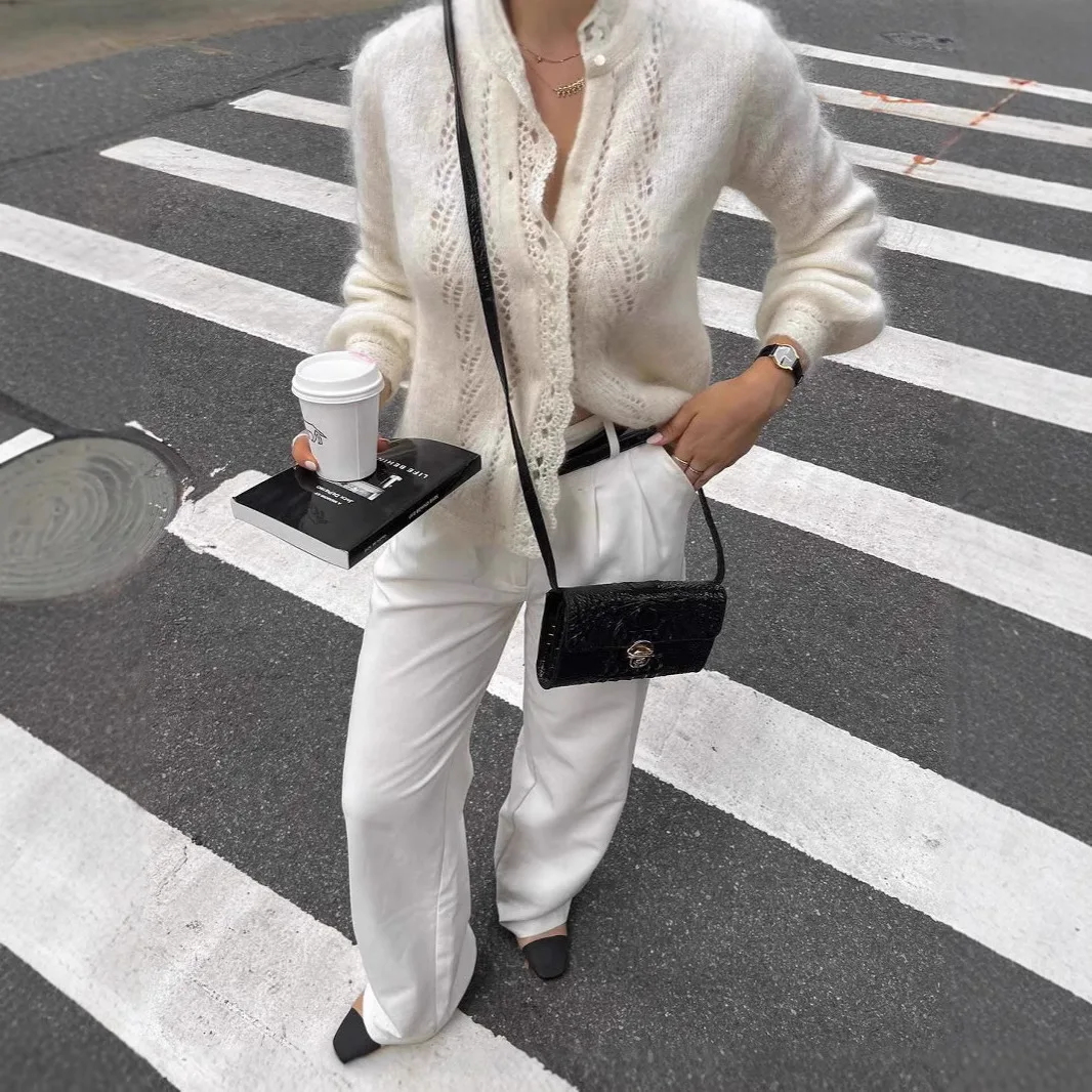 

2023 весенне-осенний новый женский свитер, однотонный кружевной свободный вязаный кардиган с длинными рукавами