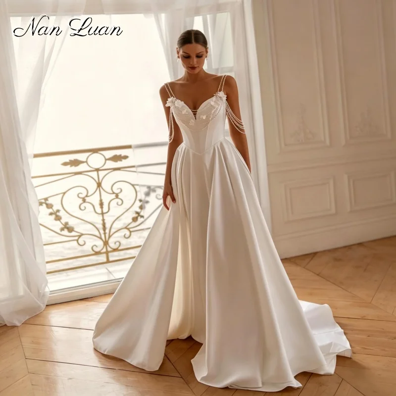 26 Simple Luxury A Line Wedding Dress Sweetheart Neck Detachable Pearl Chain Strap Vestidos De Novia Customized