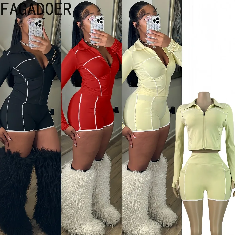 

FAGADOER Casual Sports 2 Pieces Set for Woman Outfit Zip Stripe Patchwork Crop Top + Shorts Matching Female Streetwear Clothing