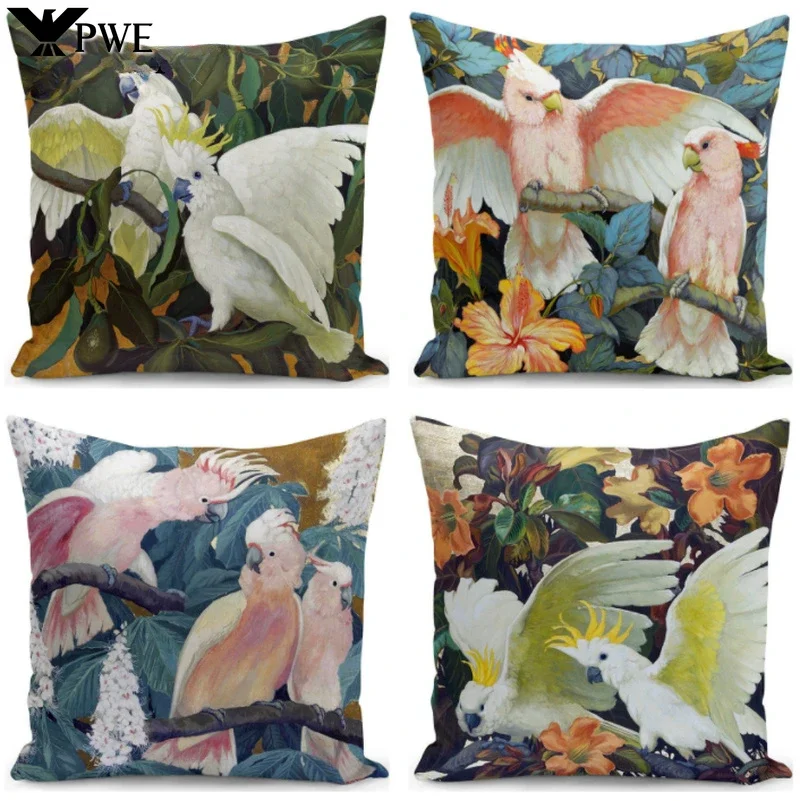 Retro Oil Painting Parrot Pillowcase Home Cloth Art Living Room Sofa Bedroom Decorative Cushion Cover