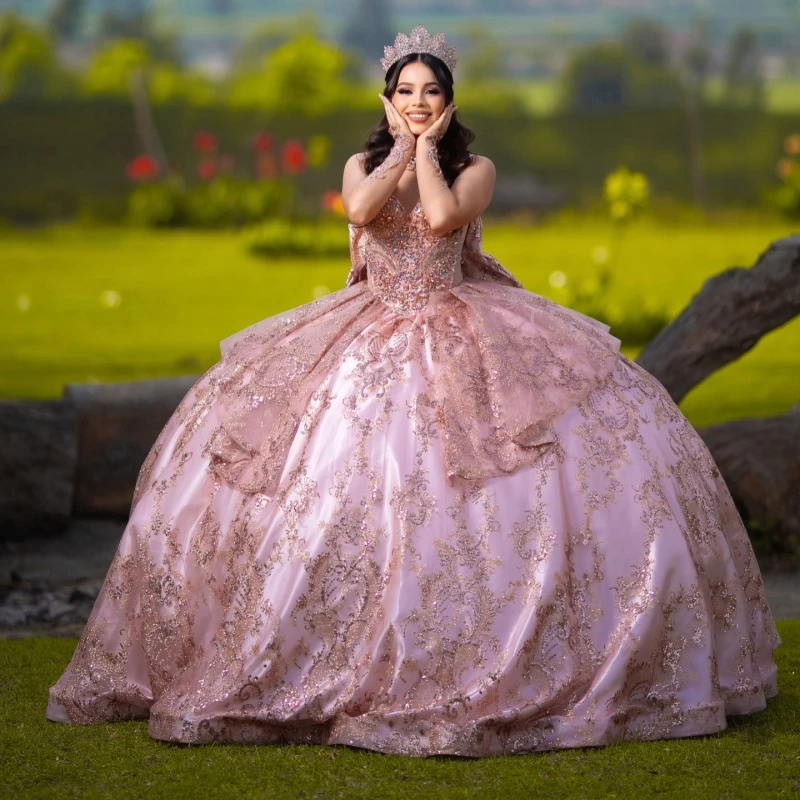 

Pink Shiny Quinceanera Dresses Off The Shoulder Applique Lace Beading Crystal Bow Corset Party Birthday Sweet 16 Dress Vestidos