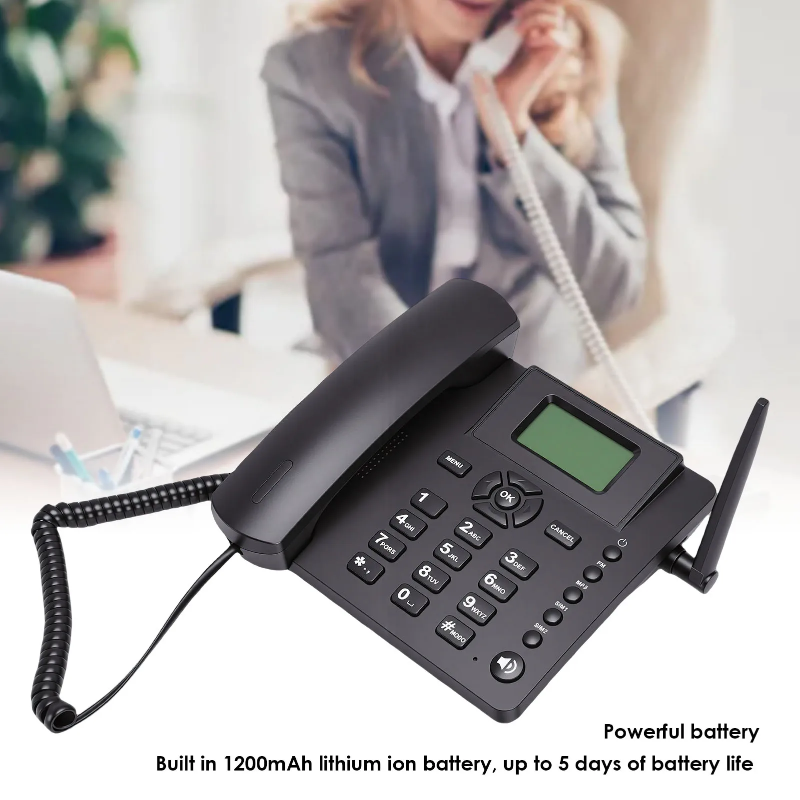 Wireless GSM Desk Telephone Quadband Dual SIM Card 2G Fixed Cordless Phone with Antenna Radio Alarm Clock for Home Company Hotel
