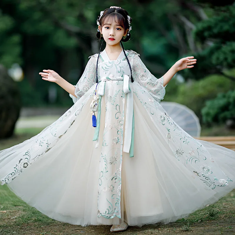 

Girls Hanfu Dress For Summer New Chinese Style Tang Suit Ancient Costume V-Neck Short Sleeve Patchwork Flower Dresses