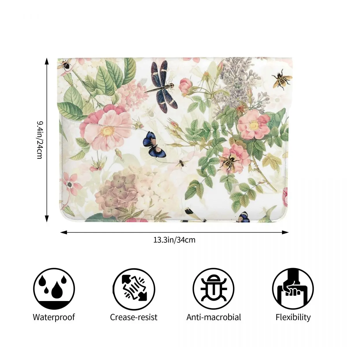 Roses Spring Flower And Early Insects Botanical PU Leather Horizontal Laptop Sleeve Shockproof Soft Lining Notebook Case 13 Inch