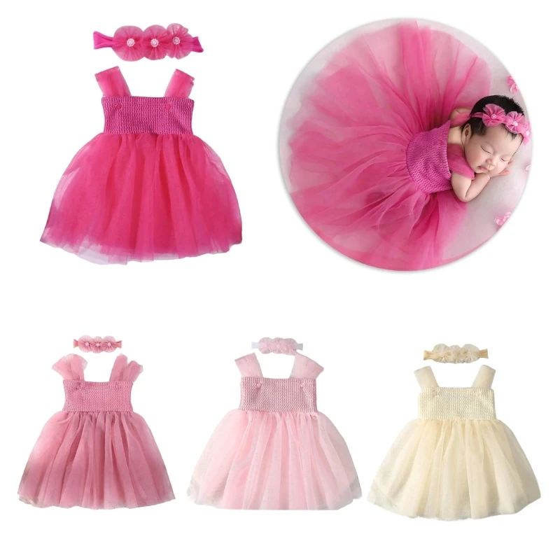 

Attractive Newborn Photo Props Tulle Dress with Headband Sweet Newborn Tulle Dress with Delicate Designs for Little Girl