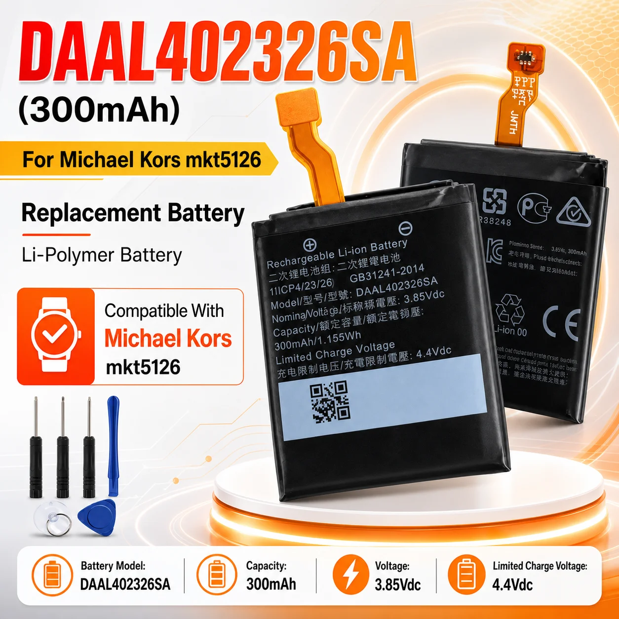Smart Watch Replacement Battery DAAL402326SA 300mAh For Michael Kors MKT5126 Watch Battery With Free Tools